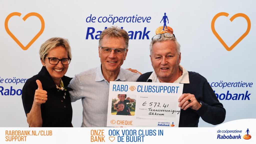 €572,41 voor TVA dankzij Rabo ClubSupport! rabobankcheque voor tennisvereniging akkrum 2026